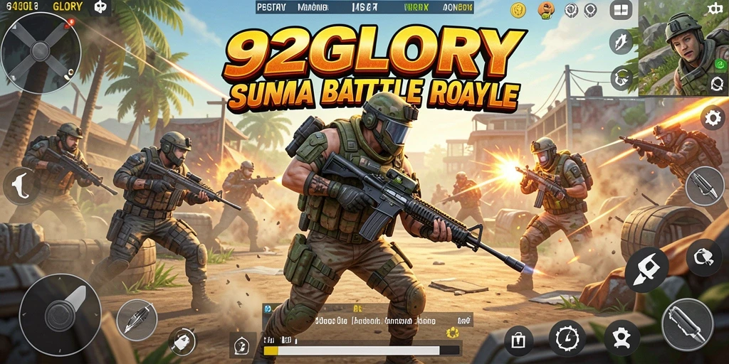 Tangkapan layar utama 92GLORY menunjukkan aksi mendebarkan dalam permainan Battle Royale.