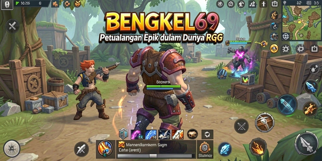 Tangkapan layar utama BENGKEL69 menampilkan karakter dalam pertempuran RPG.