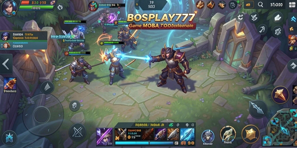 Screenshot gameplay BOSPLAY77 menampilkan pertarungan MOBA yang seru.