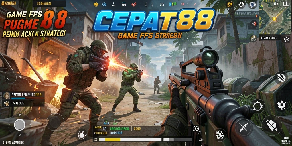 Screenshot utama menunjukkan aksi seru dalam game FPS.