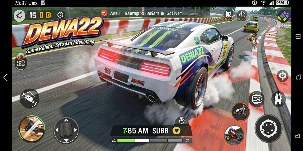 Screenshot gameplay <strong>DEWA22</strong> menunjukkan balapan seru di trek yang menantang.