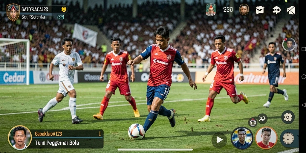 Gameplay GATOTKACA123 dengan aksi sepakbola seru dan menegangkan.