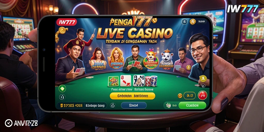 Screenshot IW777 menampilkan dealer langsung dan interaksi dengan pemain dalam permainan kasino.