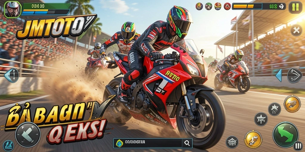 Screenshot utama JMTOTO menampilkan balapan motor yang penuh aksi.