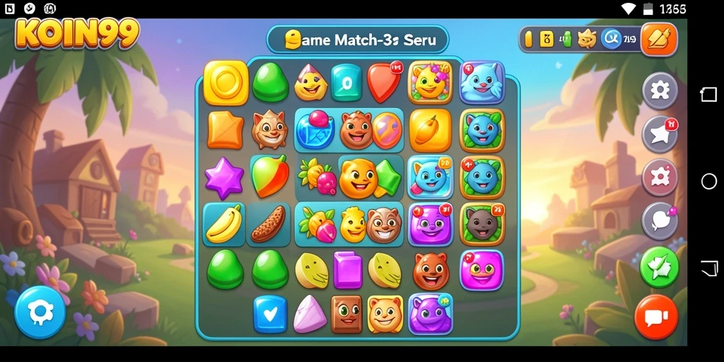 Screenshot KOIN99 menunjukkan gameplay Match-3 yang menarik dan penuh warna.