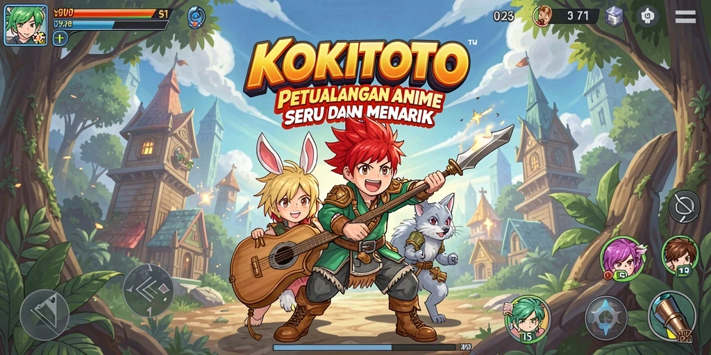 Screenshot gameplay KOKITOTO yang menunjukkan karakter anime yang beraksi.