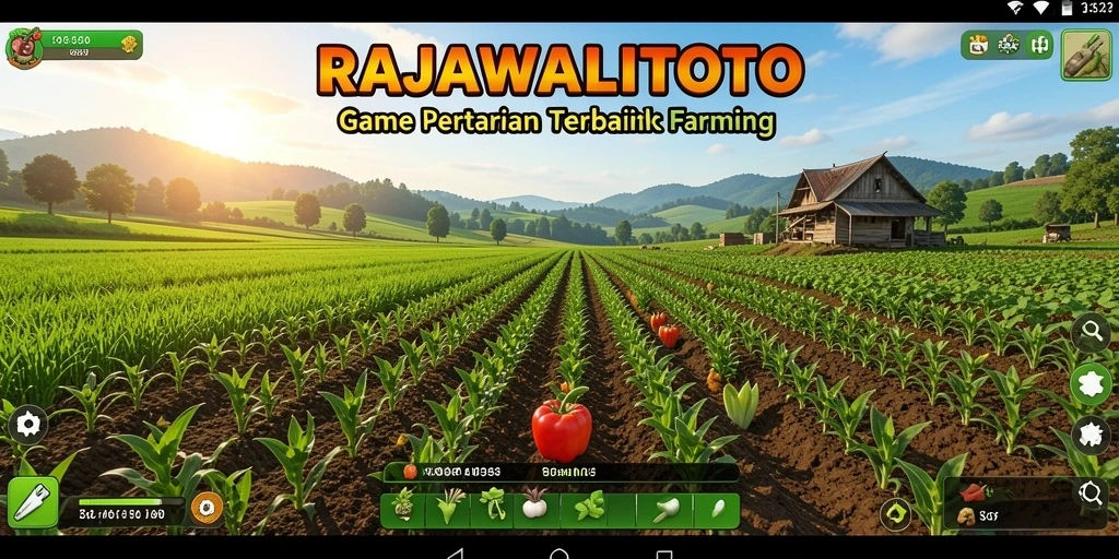 Screenshot gameplay RAJAWALITOTO menampilkan kebun yang subur dan hewan ternak yang ceria.