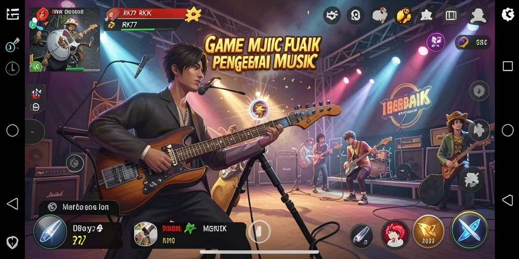 Screenshot gameplay RK77 menampilkan antarmuka permainan musik yang interaktif.
