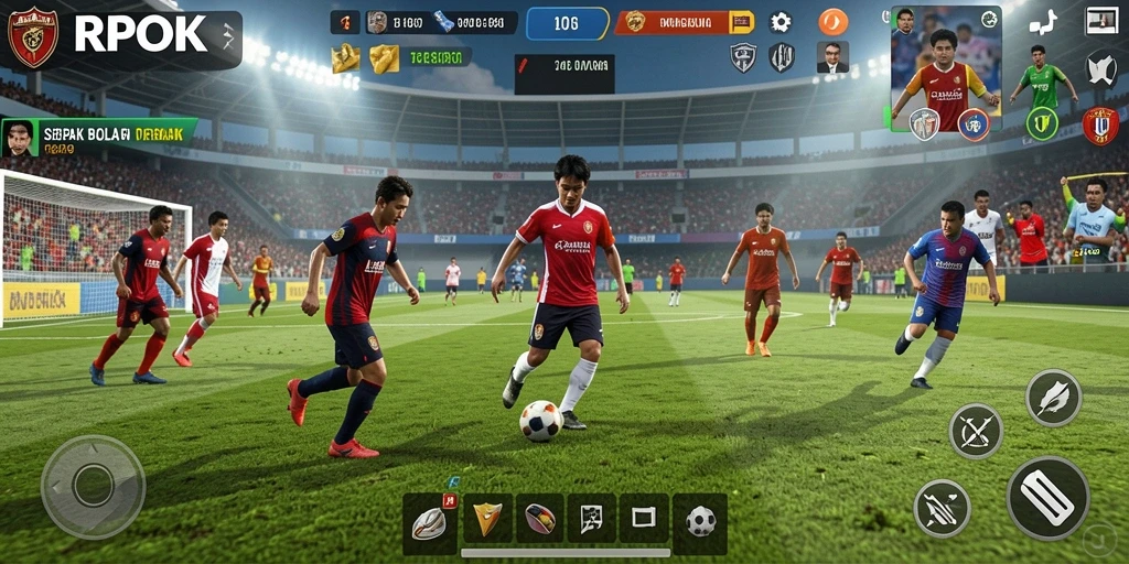 Tampilan gameplay RPOK dengan aksi sepak bola seru.