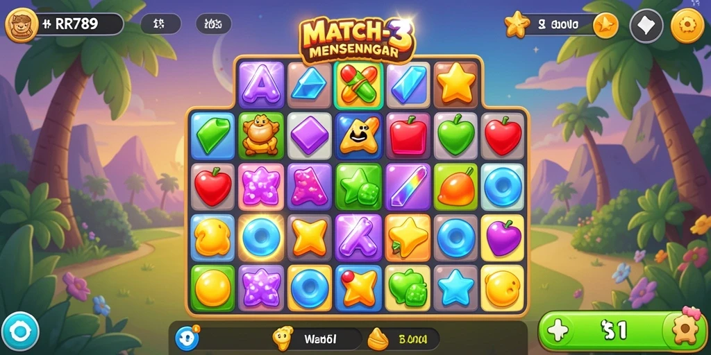 Screenshot utama RR789 menampilkan gameplay Match-3 yang seru dan dinamis.