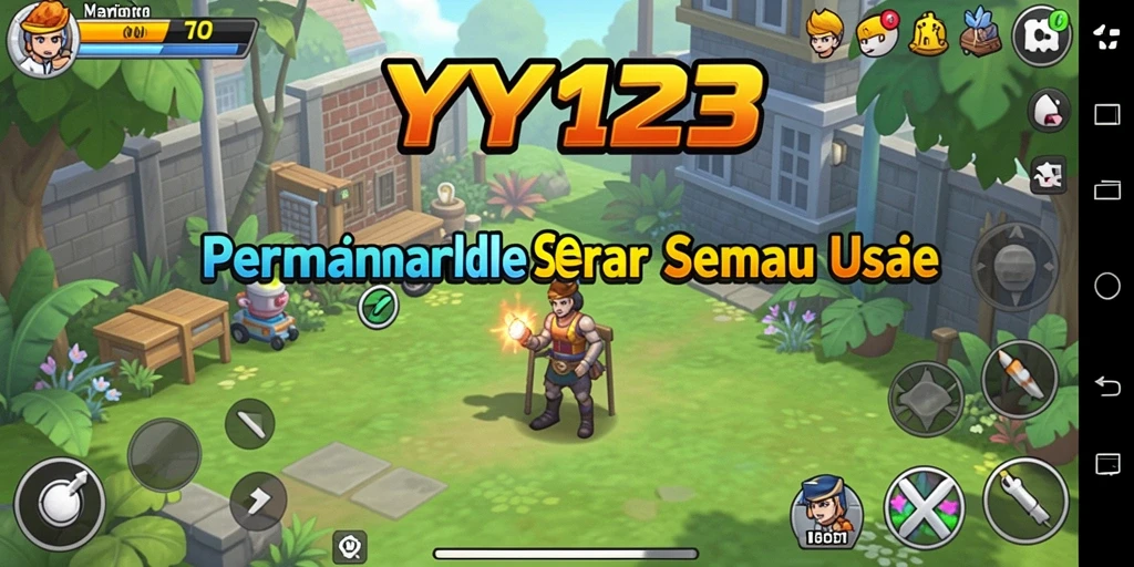 Screenshot gameplay YY123 menampilkan karakter mengumpulkan sumber daya secara otomatis.